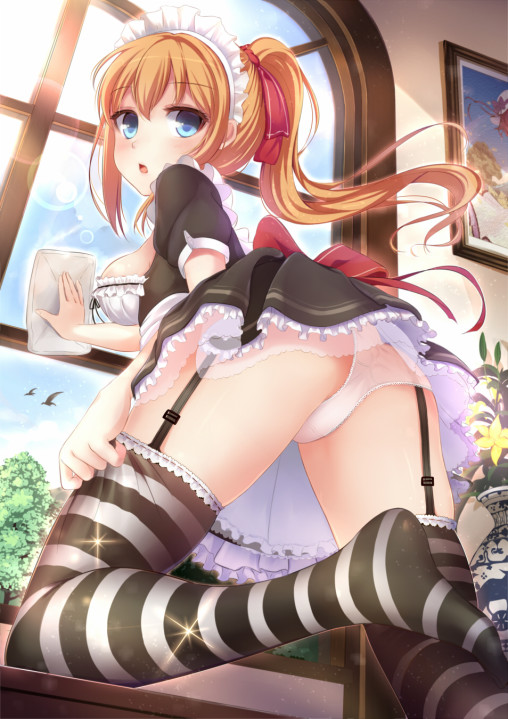 image anime girl striped stockings thighhighs kneesocks ass pantsu garter straps feet legs maid uniform
