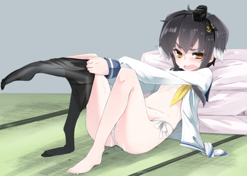 kantai collection tokitsukaze black pantyhose pull feet nylon legs putting tights anime girl dressing