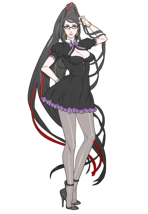 bayonetta black pantyhose tights high heels long legs anime girl gothic lolita dress glasses