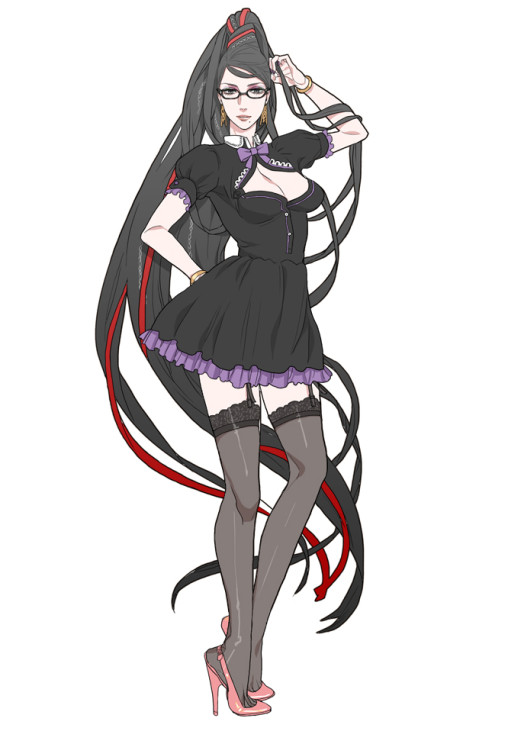 bayonetta black stockings tights high heels long legs anime girl gothic lolita dress glasses lingerie