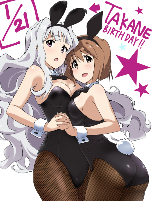 idolmaster shijou takane hagiwara yukiho fishnet pantyhose ears bunny uniform anime 2girls ass tights nylon