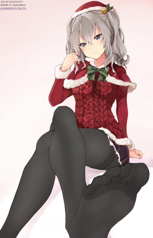 kantai collection kashima feet tights nylon anime girl crossed legs santa costume black pantyhose