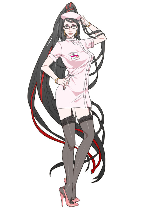 bayonetta black stockings high heels nurse uniform anime girl long legs garter straps nylon anime girl glasses