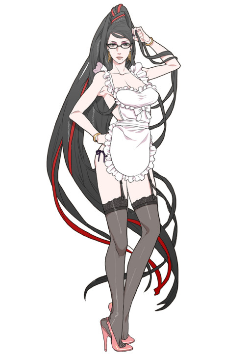 bayonetta black stockings anime girl nylon legs lingerie high heels garter straps apron sexy