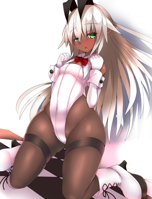 fishnet pantyhose anime girl nylon bunnysuit bunny ears dark skin tanned pointed ears elf thick thighs