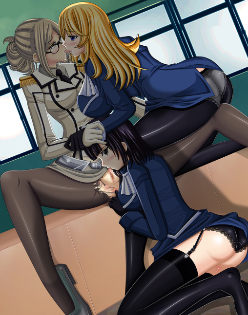 kantai collection yuri lesbian atago takao katori anime 3girls pussy licking black pantyhose tights nylon