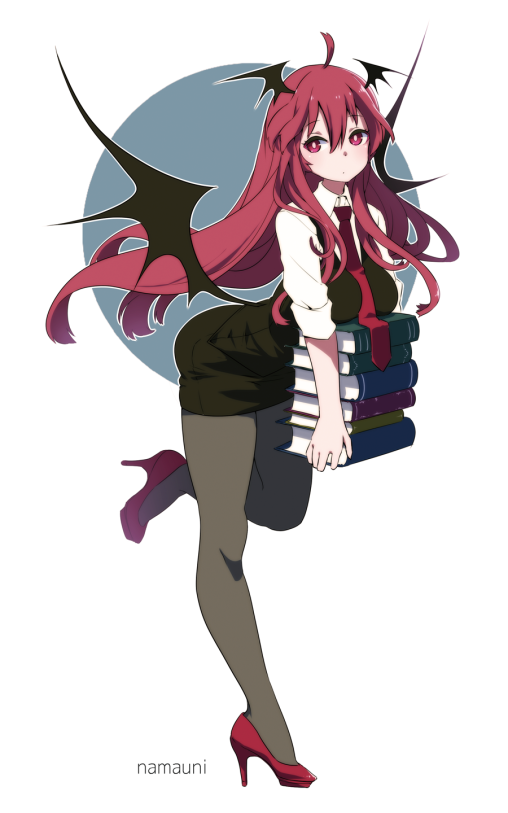 touhou-koakuma-pantyhose-long-legs-black-tights-high-heels-anime-demon-girl-succubus-red-hair-nylon-hosiery