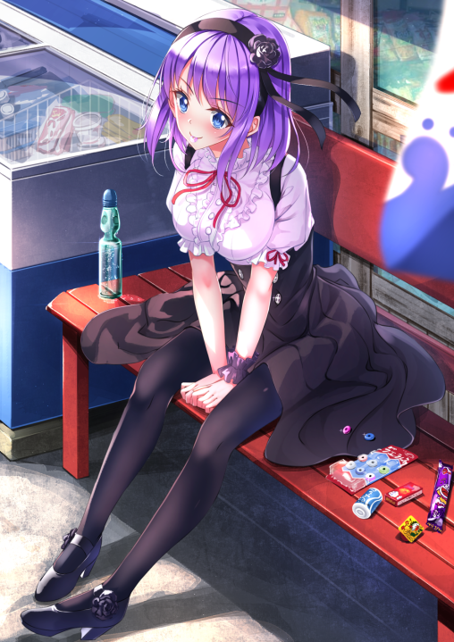 dagashi-kashi-shidare-hotaru-pantyhose-anime-girl-legs-black-tights-nylon-hosiery-purple-hair