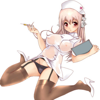 super sonico stockings anime erected nipples big boobs nurse costume nylon garter belt ecchi